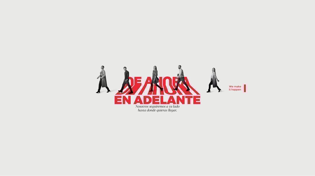 Five people crossing a street with the text from now on in red
