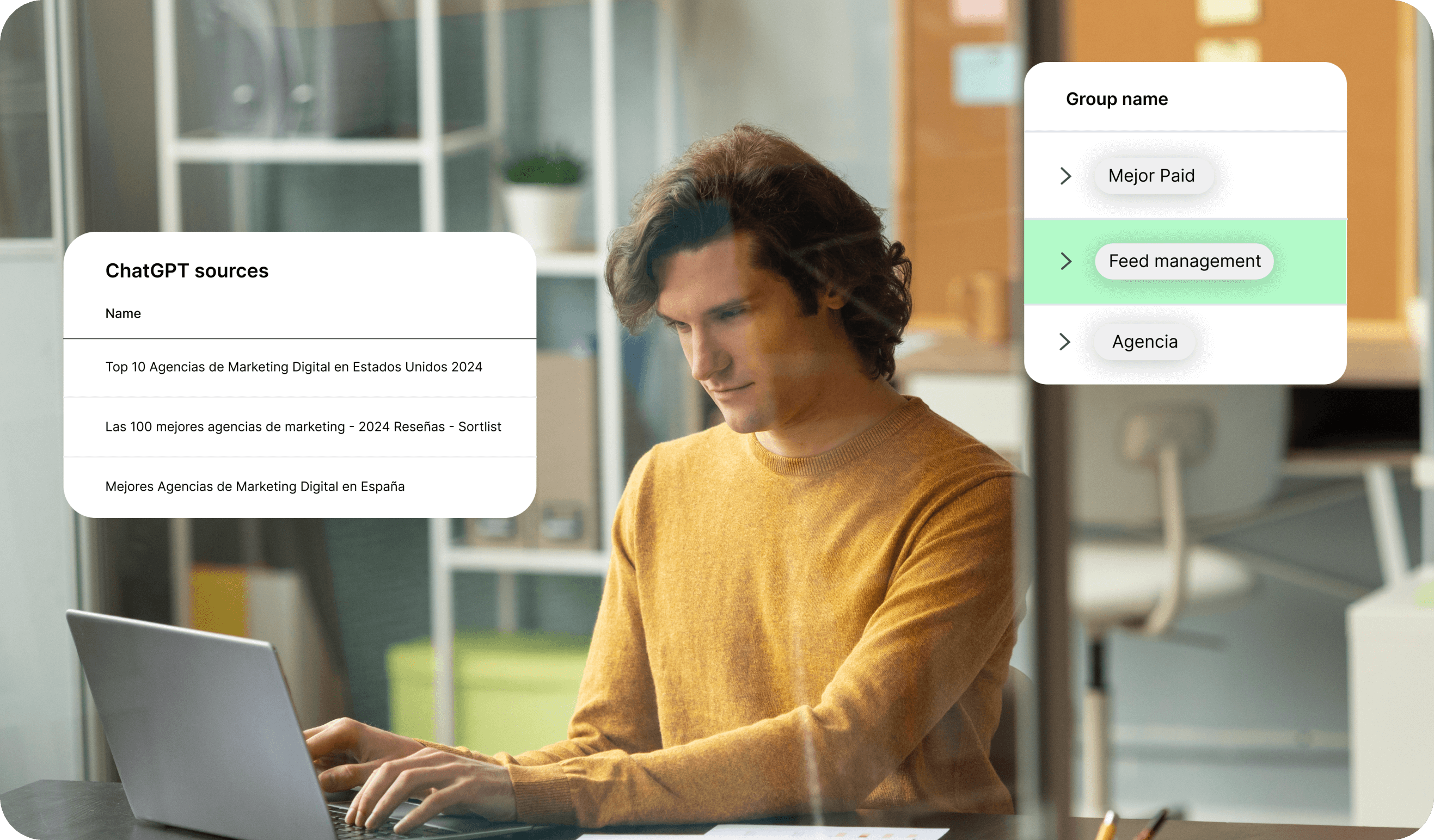 Interfaz de Brand Tracker de Adsmurai Marketing Platform con un profesional analizando datos en su laptop