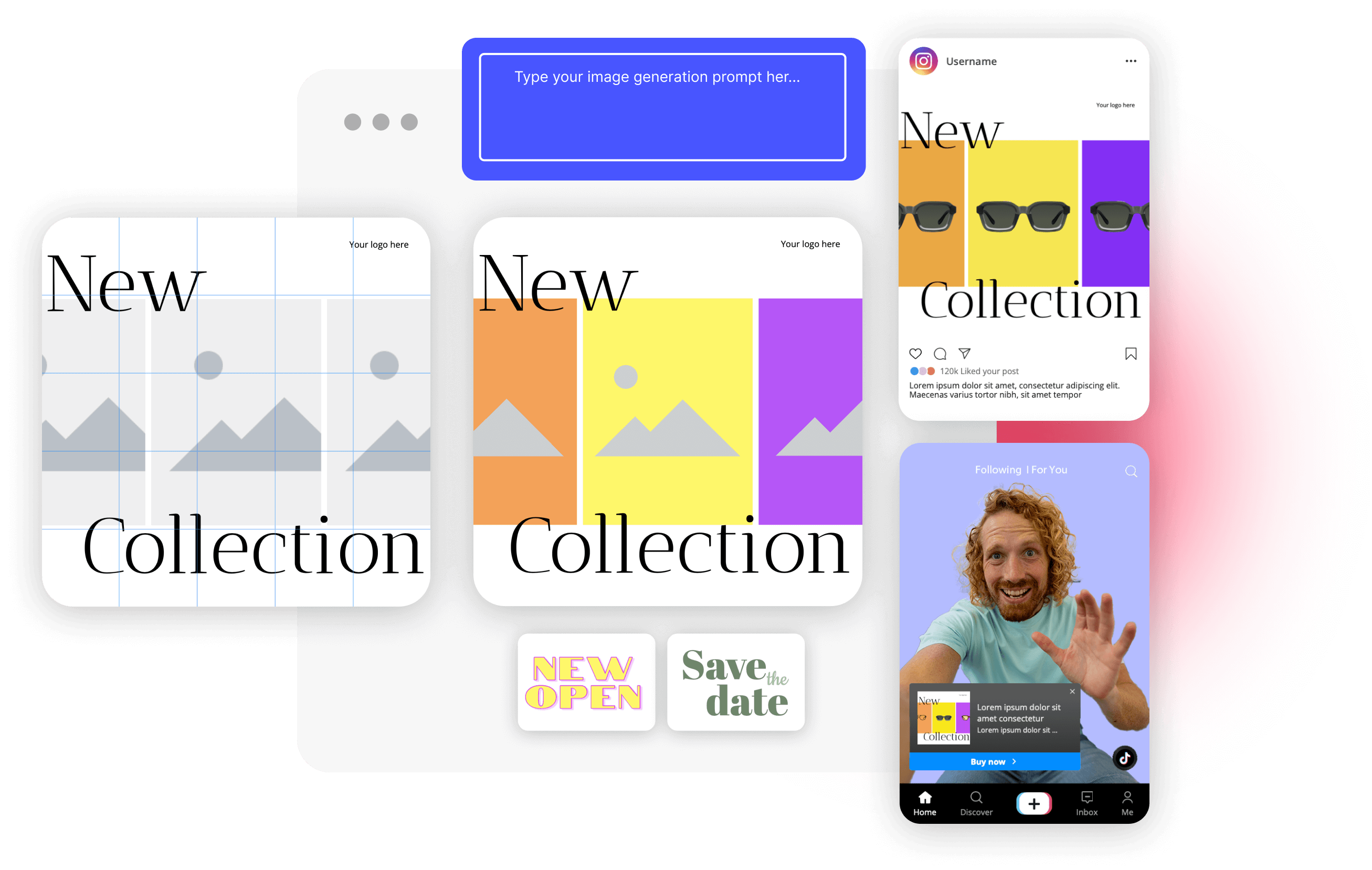 Mockup of social media post designs showcasing a new collection, with editing graphics and a preview of the ad featuring the main creative across different platforms