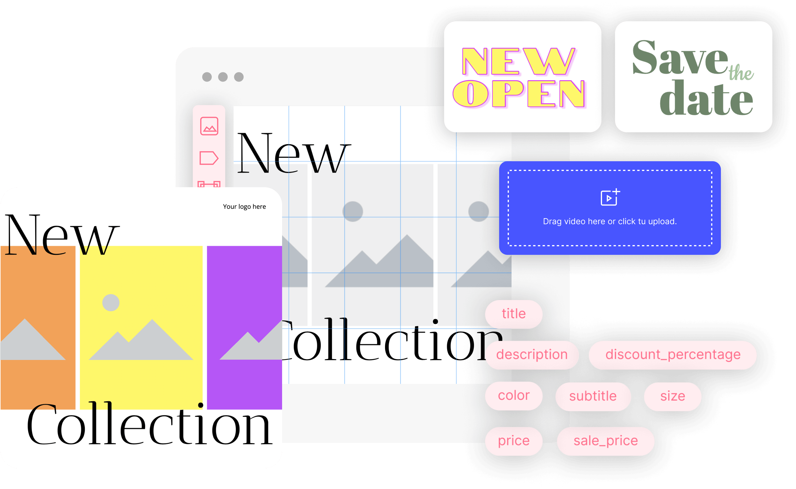 Interfaccia di progettazione dei contenuti per i social media che mostra una nuova collezione, con strumenti di modifica, tag di attributi come titolo, prezzo e colore, ed elementi grafici