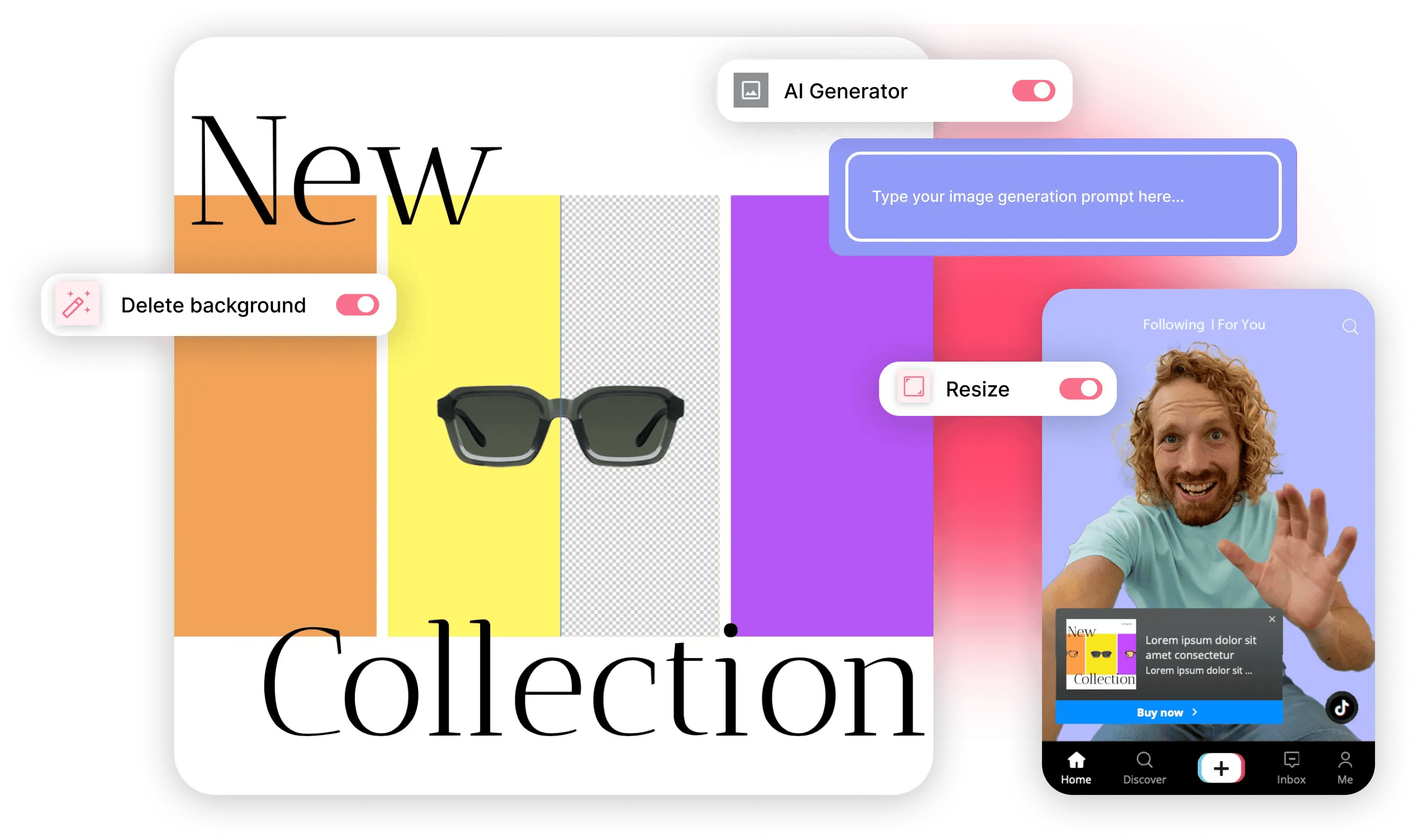 Mockup del risultato di un design per i social media, che mostra l'opzione di generare immagini con intelligenza artificiale e come apparirebbe l'annuncio sui social media.