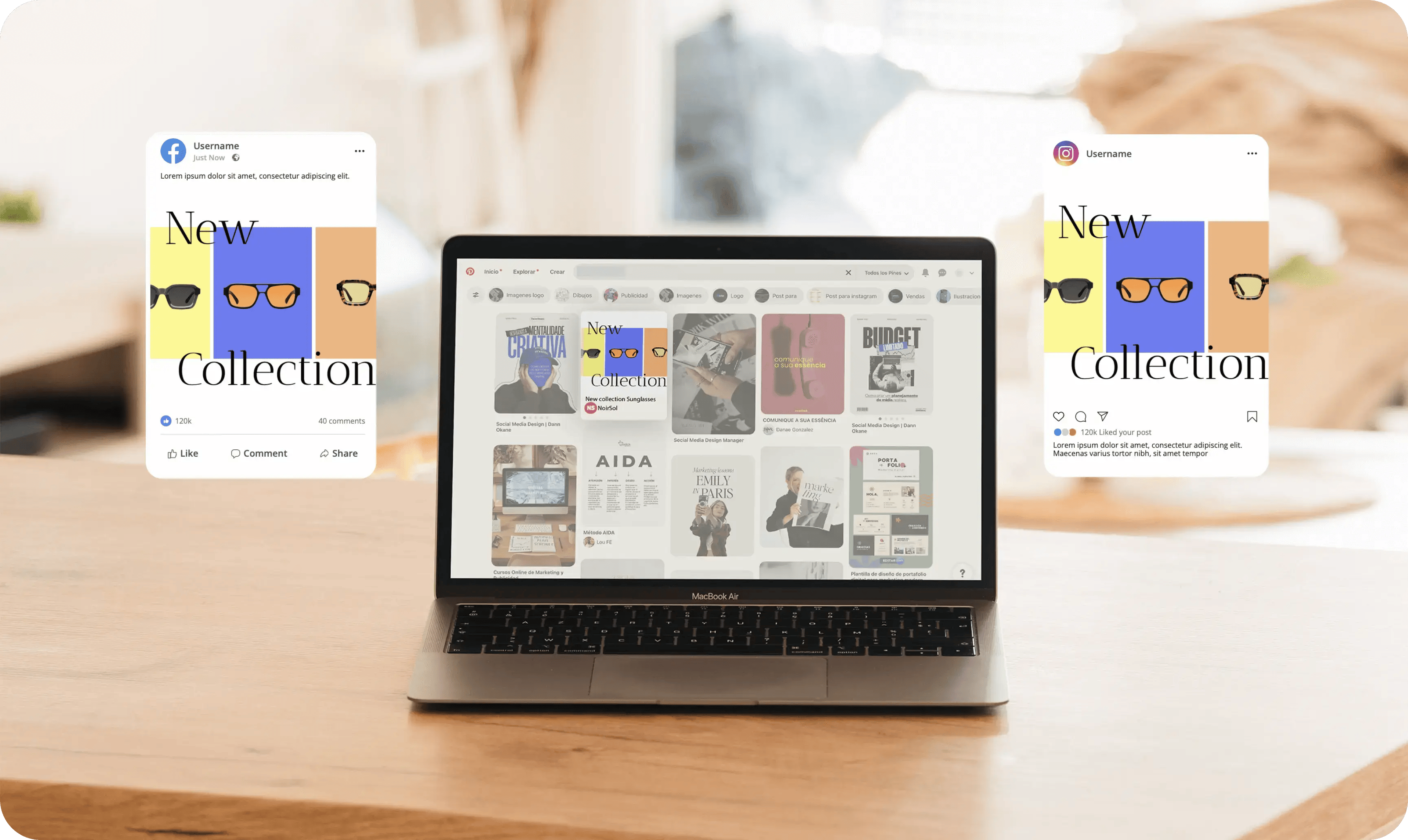 Laptop su un tavolo che mostra una piattaforma di gestione dei contenuti con post di una nuova collezione. Ai lati, anteprime di post sui social media con lo stesso design