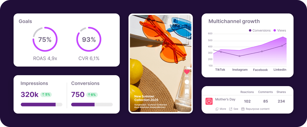 Social ads dashboard with goals, impressions, conversions and multichannel growth insights