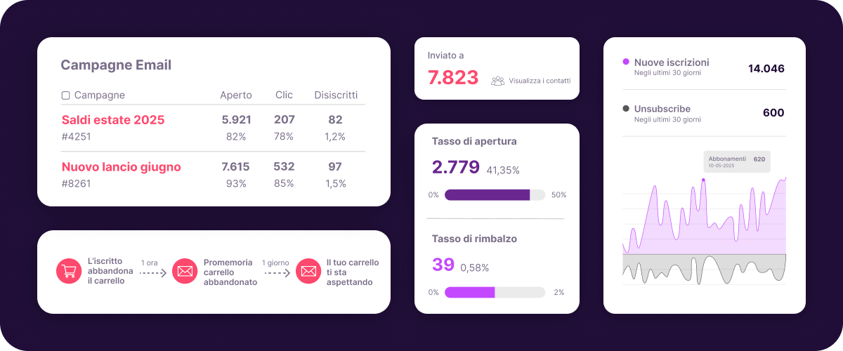 Dashboard di email marketing con performance delle campagne, flussi automatizzati, open rate, bounce rate e insight sulle iscrizioni