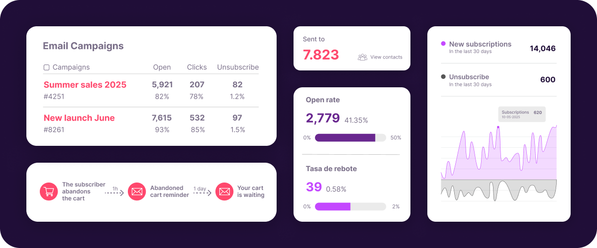 Email marketing dashboard with campaign performance, automation flows, open rate, bounce rate and subscription insights